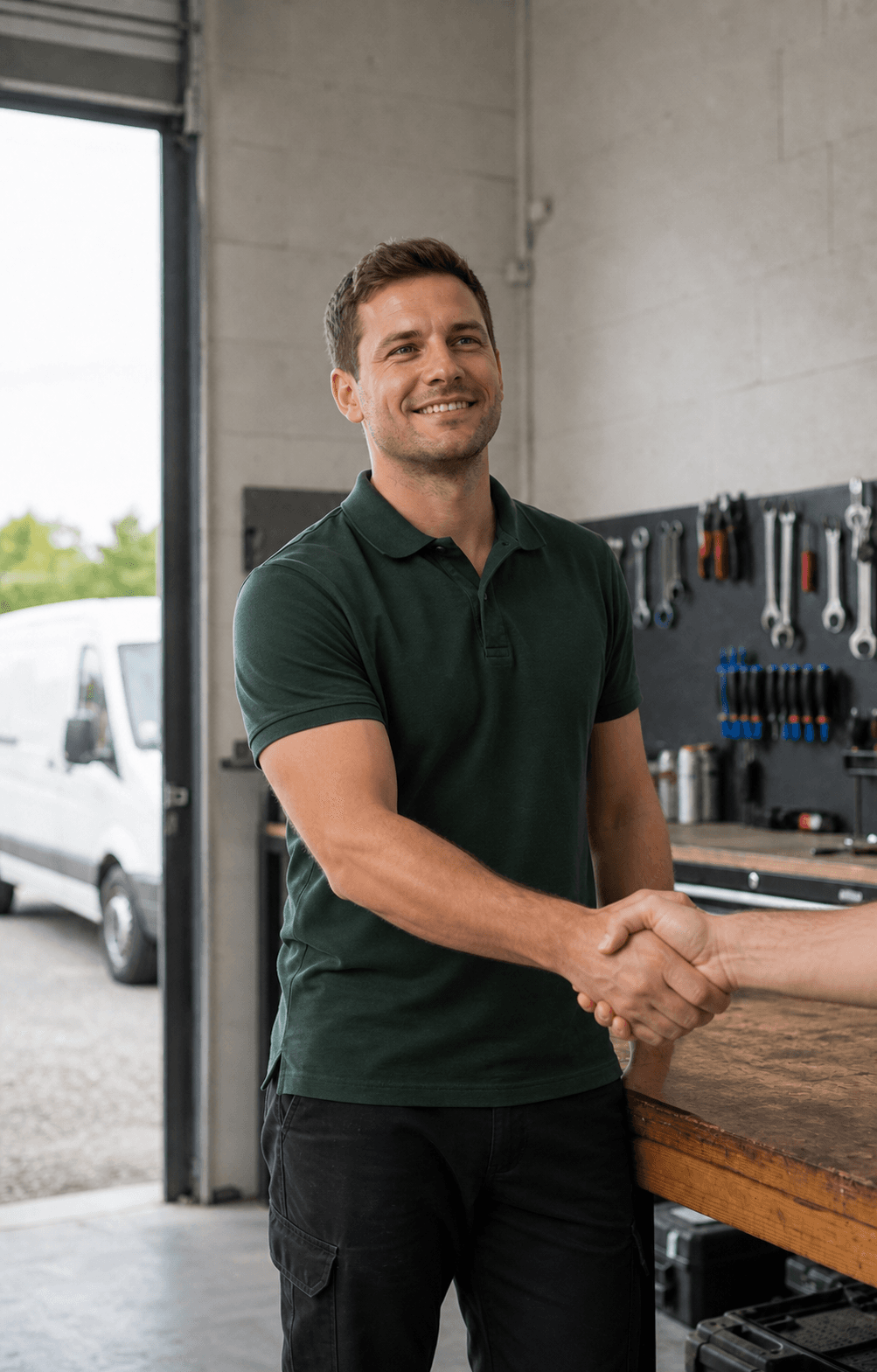 Service business owner greeting a customer in his workshop