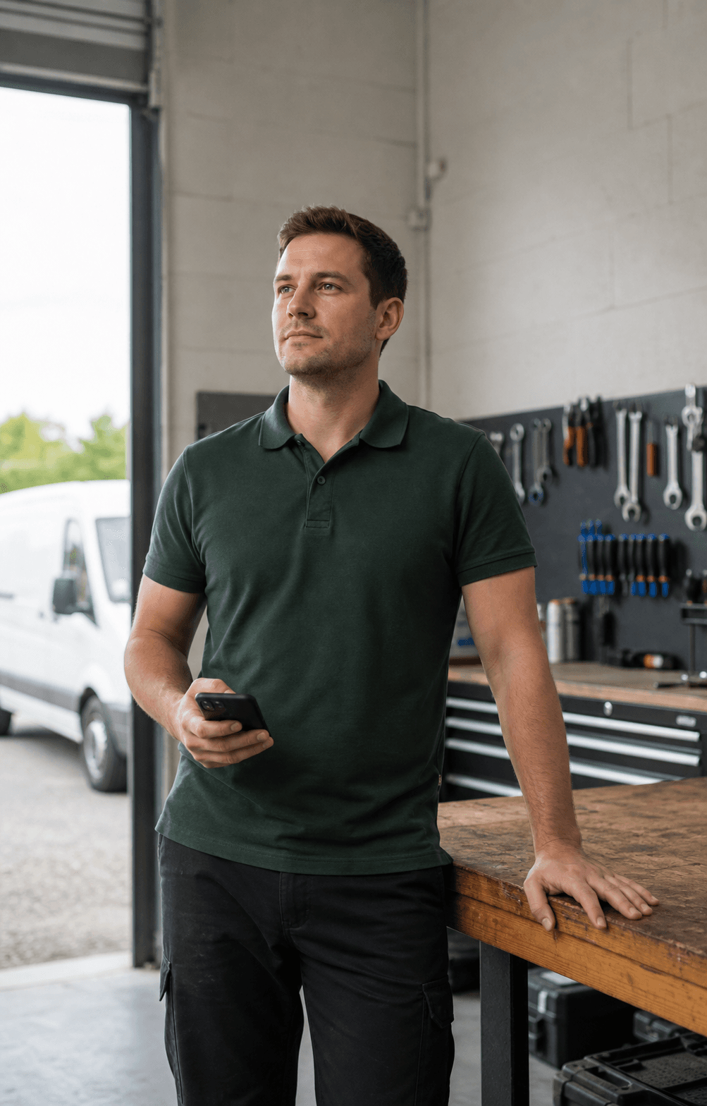 Service business owner holding his phone in the workshop